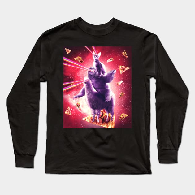 Laser Eyes Space Cat Riding Sloth, Llama - Rainbow Long Sleeve T-Shirt by Random Galaxy